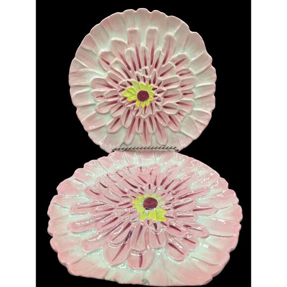 Anthropologie Lilypad Floral Ceramic Salad/Dessert Plates Set Of 2 8" Pink/Yello - Picture 1 of 5